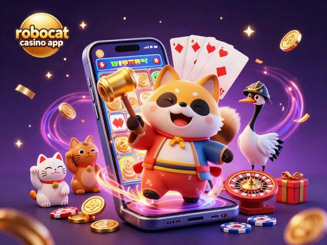 Experience the thrill with the robocat casino app, showcasing vibrant gameplay and joyful characters in a festive scene.