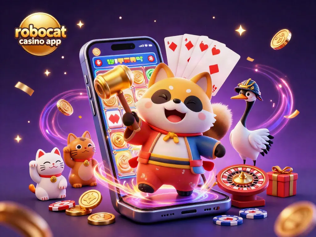 Experience the thrill with the robocat casino app, showcasing vibrant gameplay and joyful characters in a festive scene.