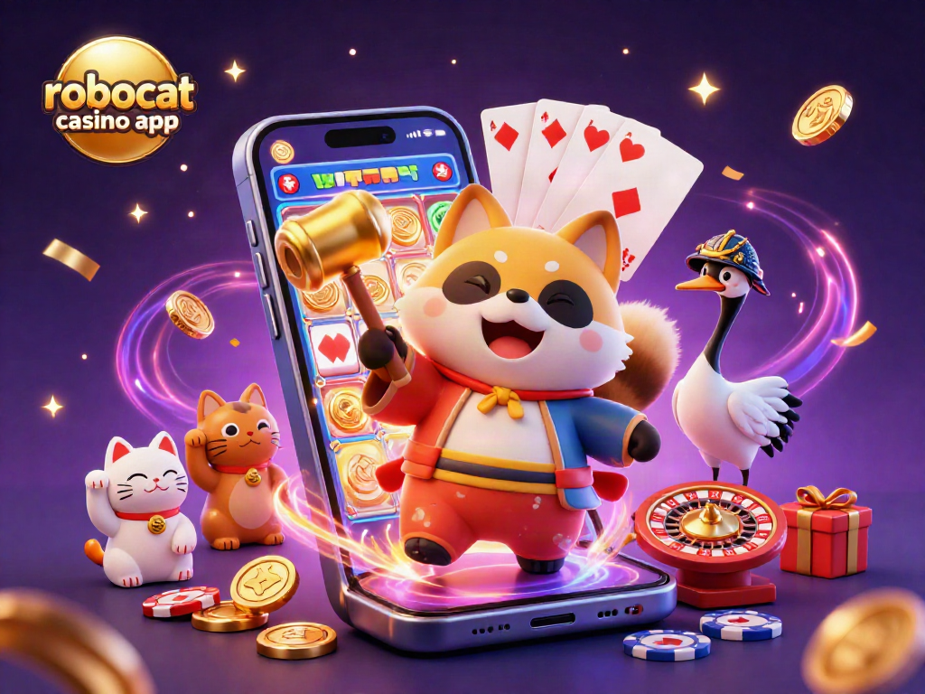 Experience the thrill with the robocat casino app, showcasing vibrant gameplay and joyful characters in a festive scene.
