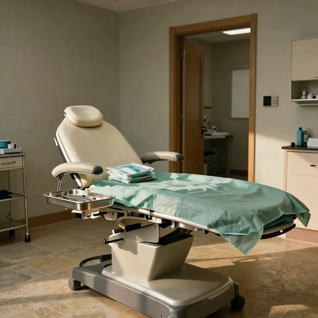 Sala de especialistas preparada con sillón ajustable, material estéril y puerta abierta en clínica.