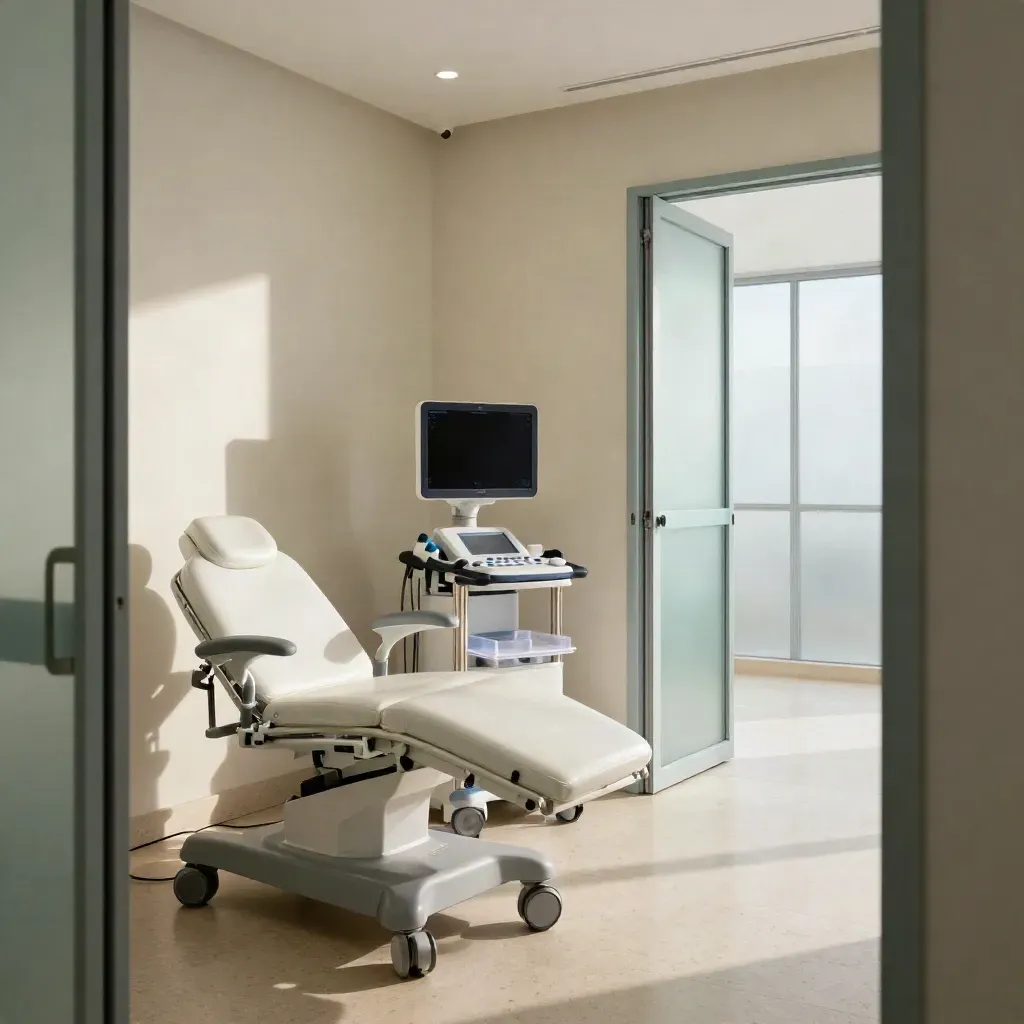 Sala médica moderna con ecógrafo, pasillo diagnóstico y luz de mañana racheada.