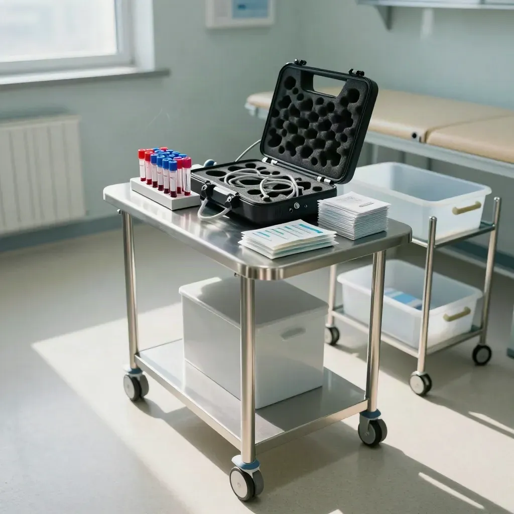 Sala de pruebas diagnósticas con rack de muestras, funda de ecografía, hisopos y carro de traslado.