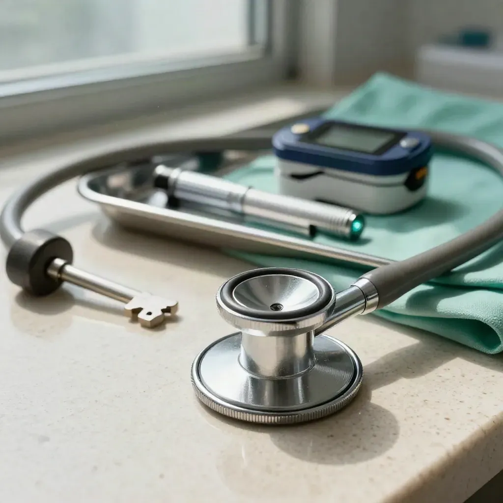 Kit médico con estetoscopio, martillo de reflejos, linterna y pulsioxímetro sobre travertino.