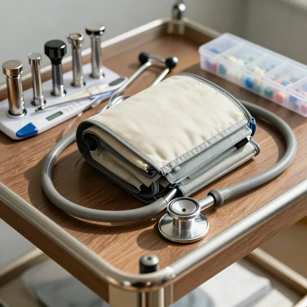 Instrumentos de medicina familiar: manguito, estetoscopio, termómetro y pastillero sobre madera clara.