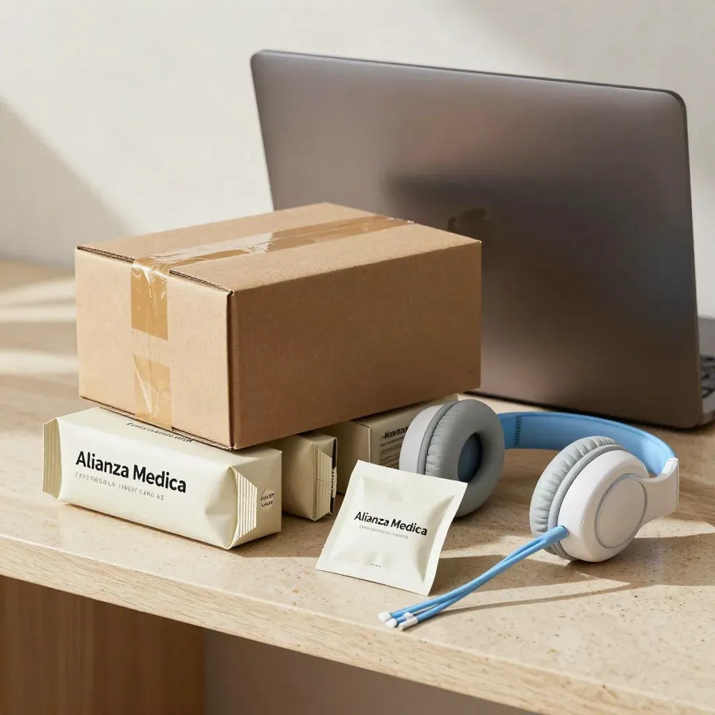 Kit corporativo de salud con portátil cerrado, caja sellada y base de auriculares sobre travertino.