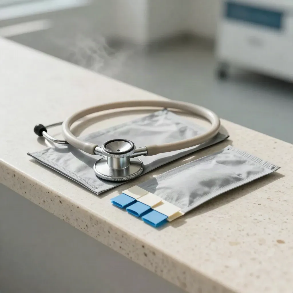 Dos fundas médicas, un estetoscopio y tres tarjetas azules sobre una repisa de piedra.