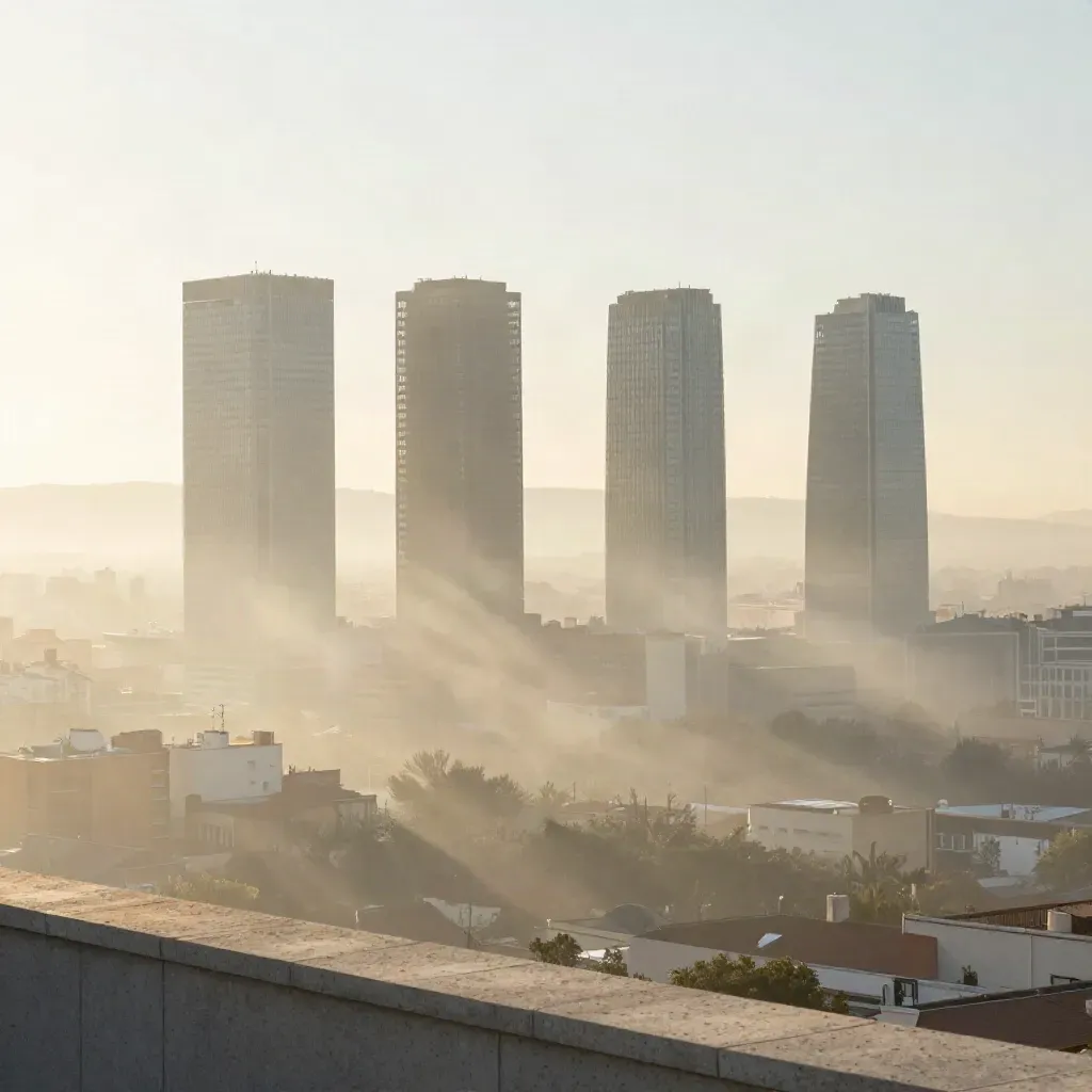 Las Cuatro Torres emergen entre la niebla de Madrid al amanecer, con cielo cálido y espacio vacío abajo.