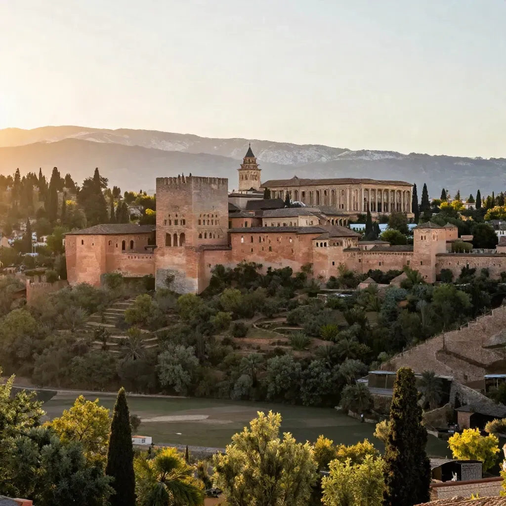 La Alhambra al atardecer sobre Granada, con Sierra Nevada y neblina dorada.