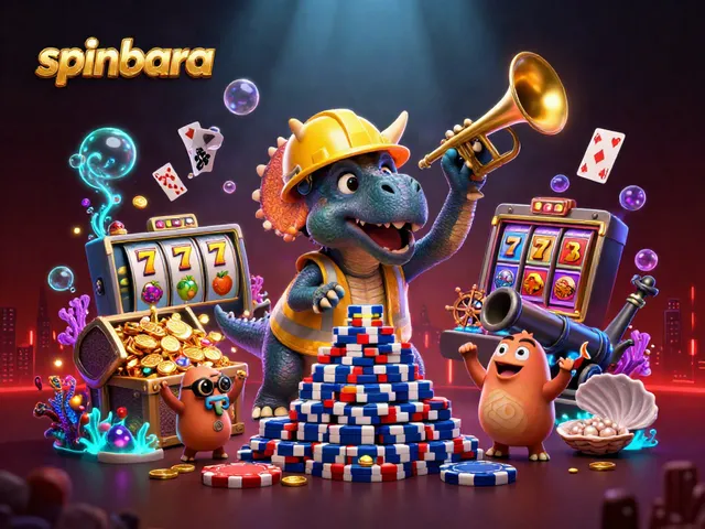 Spinbara casino illustration with cheering characters and vibrant slot game elements.